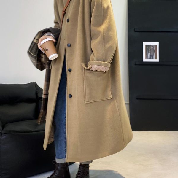 

women's wool & blends zhicong evening cotton over knee tweed coat 2021 korean loose medium length hepburn, Black