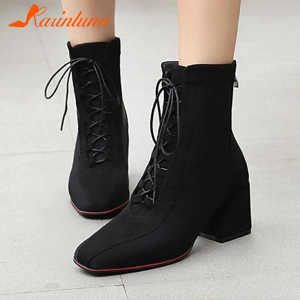 

boots arrival big size 50 women shoes office ladies elegant flock cross-tied thick heels pacthwork ankle autumn, Black