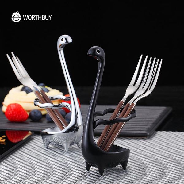 

forks worthbuy creative swan base zinc alloy tableware holder fruit fork coffee spoon cutlery storage kitchen accessories