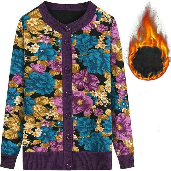 

women's knits & tees middle-aged elderly sweaters cardigan coat fashion knitted sweater single-breasted autumn winter plush thick warm, White