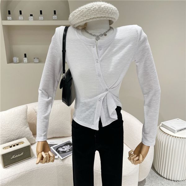 

spring summer 2021 fashion niche irregular lateral button upper mesh waist sleeve two cardigan clothing design, White