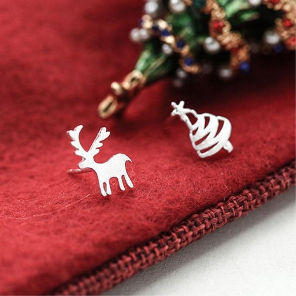 

stud christmas tree deer gift asymmetry 925 sterling silver temperament personality trendy female earrings sea183, Golden;silver