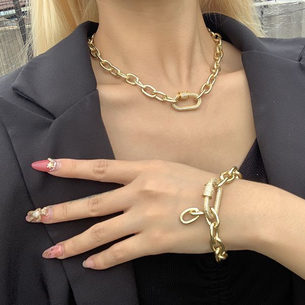 

punk thick chain choker necklace hip hop cz cubic zircon spiral buckle pendant necklace women bohemian charm jewelry statement necklaces, Golden;silver