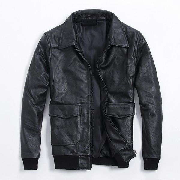 

men's leather & faux classic black slim short genuine coat men cowhide real aviation flight jackets large size pilot bomber jacket