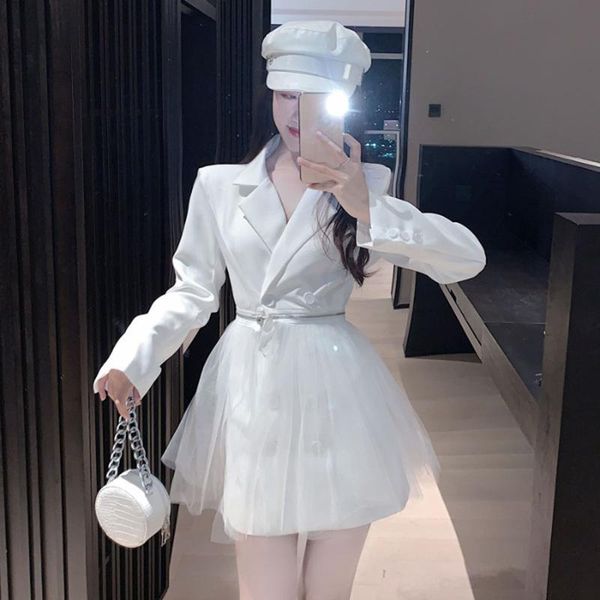 

autumn mesh patchwork women dresses solid a-line long-sleeved office lady elegant clothing casual, Black;gray