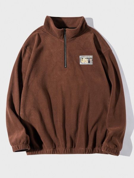 

men half zip patched teddy sweatshirt y96z#, Black