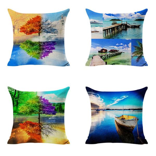 Bella vista sulla spiaggia Fodera per cuscino Fiori colorati e alberi Federe sabbiose Cuscino decorativo per la casa Cuscino per divano Cojines / Decorativo
