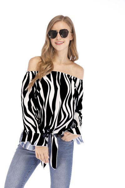 

spring and summer ladies shirt women fashion casual striped word collar trumpet sleeve t-shirt top, White