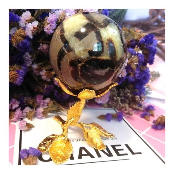 

decorative objects & figurines natural septarium stone sphere specimen mineral stones ball with gorgeous stand base metal flower crystal