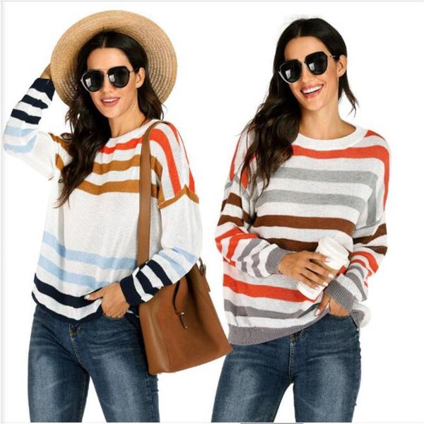 

women's sweaters autumn british fashion 2021 women 100% polyester o-neck striped long sleeve pullovers streetwear casual loose kniting, White;black