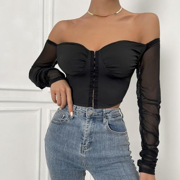 

women's t-shirt puloru off shoulder bustiers crop mesh sheer long sleeve central clasp t-shirts fall spring backless tube top, White