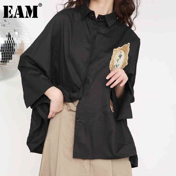 

[eam] women black pattern casual big size blouse lapel long sleeve loose fit shirt fashion spring autumn t384 210512, White