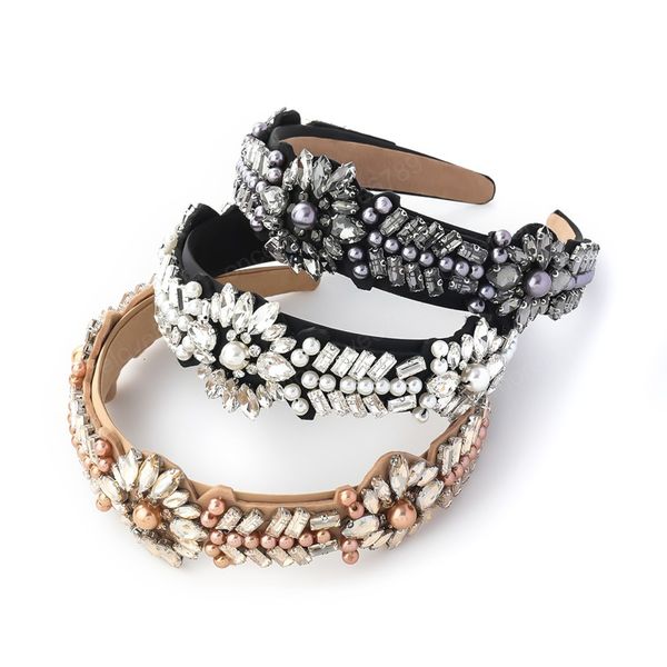 

fashion flannel rhinestone inlaid pearl flower headband for women designer precious head hair accessories, Silver