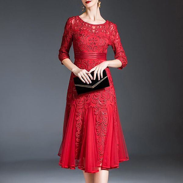 

casual dresses 2021 autumn temperament women's round neck flower dress banquet mother's, Black;gray