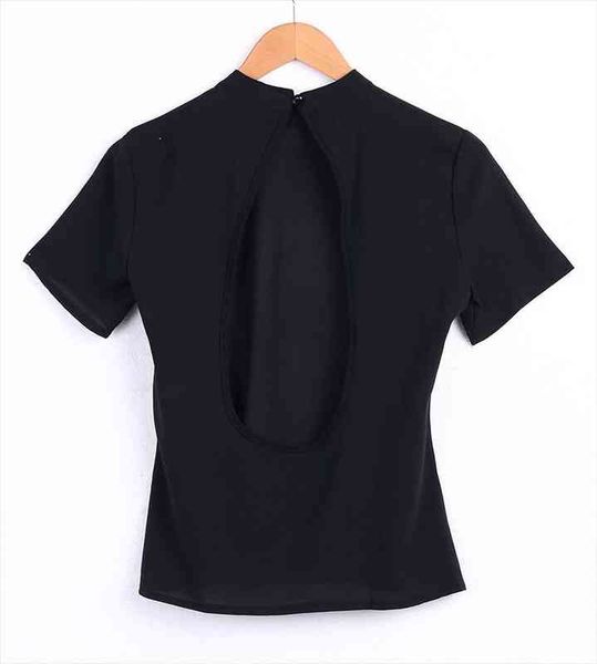 

fashion black open back women blouses short sleeve summer clothes, White