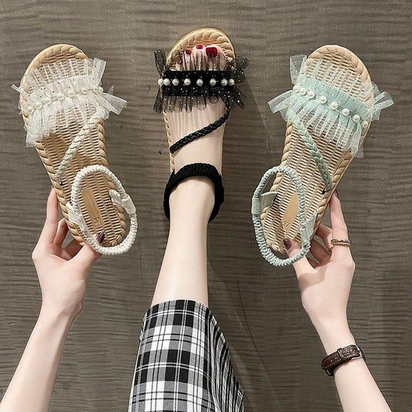 

sandals beach sandal woman luxury breathable shoes lady 2021 suit female beige anti-skid summer heels lace pearl black flat elastic