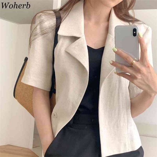 

mujer chaqueta korean chic solid short sleeve coats vintage simple casual small suit summer thin button women jackets 210519, Black;brown