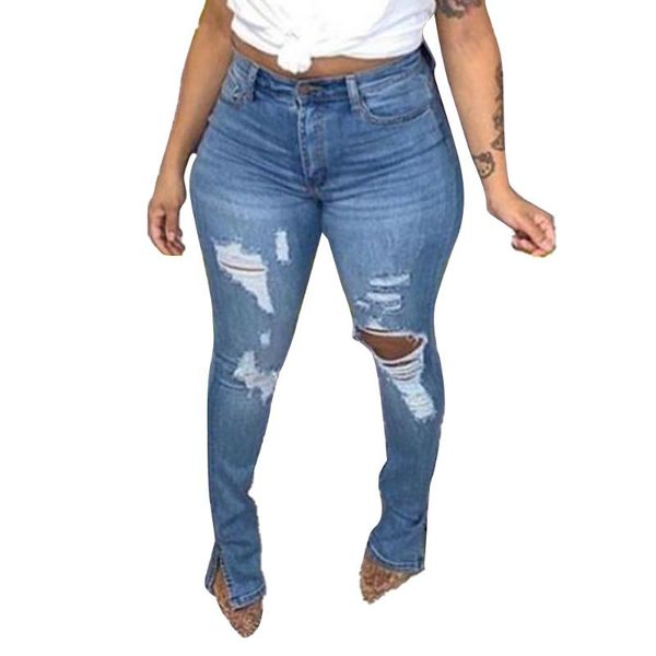 

women's jeans vicabo vintage womens denim skinny long pants high waist ripped slim strret wear hole fit bootcut trousers, Blue