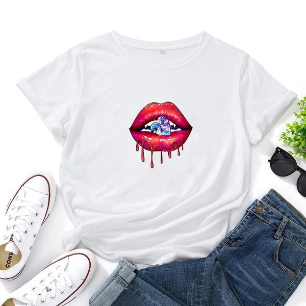 

women's t-shirt diamond ball print on lips woman tshirt women o-neck t shirt funny graphic tee casual t-shirts clothes, White