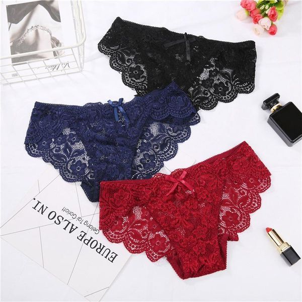 

women's panties 3pc seduction underwear bownot flower lace hollow out seamless underpant low waist lingerie #p3, Black;pink
