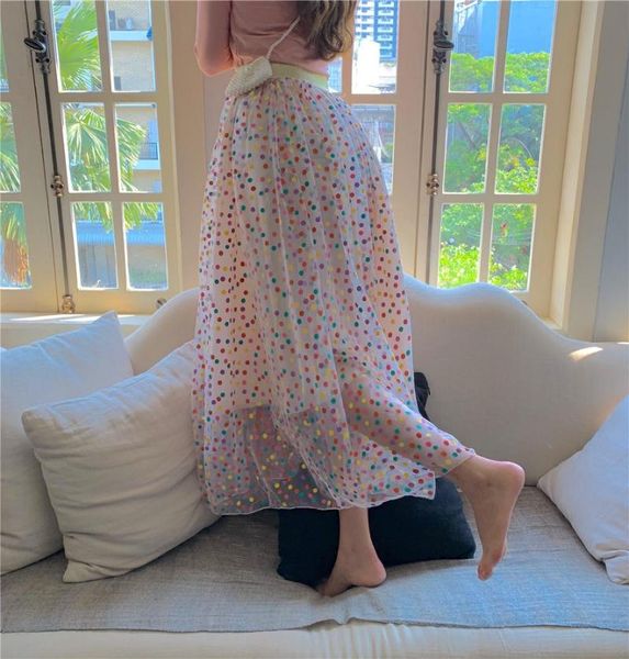 

skirts wave point gauze skirt pink color a line mesh sweet suit dot sexy, Black