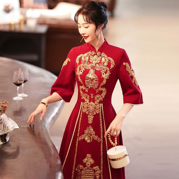 

ethnic clothing qipao dress women bride wedding chinese traditional vintage embroidery sequins banquet evening gown cheongsam prom vestido, Red