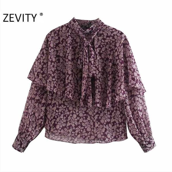 

zevity women fashion flower print chiffon smock blouse office ladies long sleeve bow ruffles roupas femininas shirts ls7258 210603, White