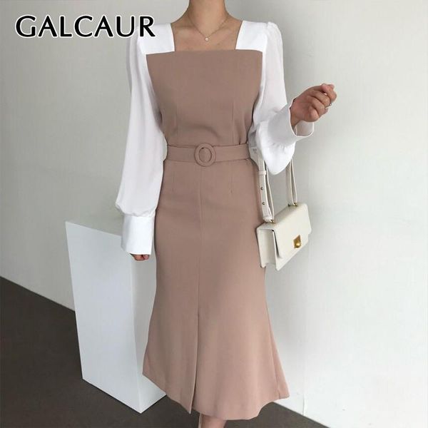 

casual dresses galcaur elegant patchwork dress for women square collar long sleeve high waist with sashes midi female fashion fall, Black;gray