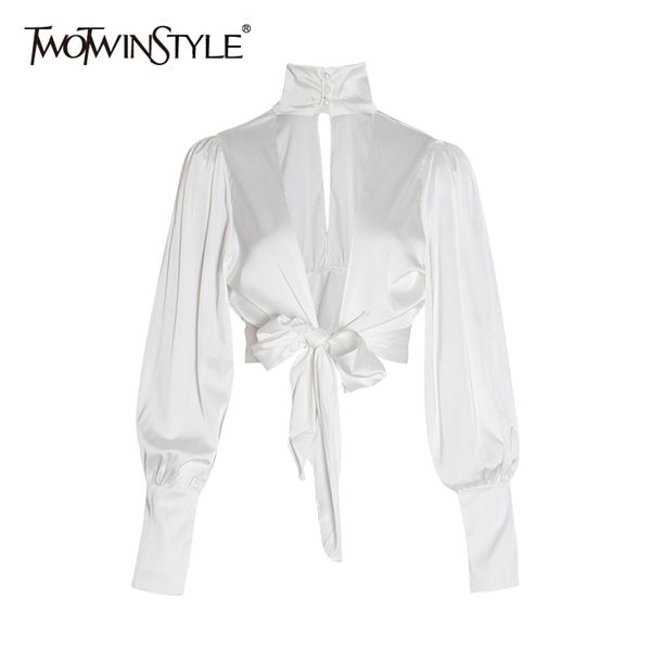 

twotwinstyle backless women's shirts turtleneck lantern long sleeve bowknot party blouse female summer fashion new 210401, White