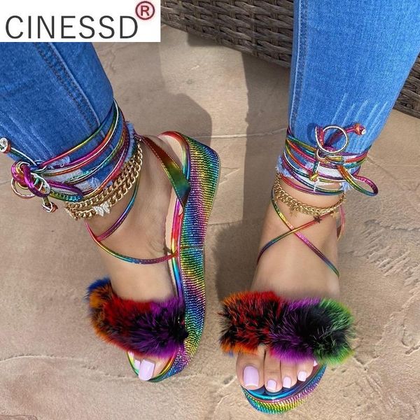 

sandals 2021 women furry platform rainbow rhinestone cross tied high heels ladies ankle strap shoes woman plus size, Black