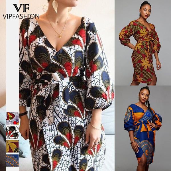 

printed african style women's dress three-quarter sleeves slim strapped bag hip mid-dress v-neck casual dresses, Black;gray