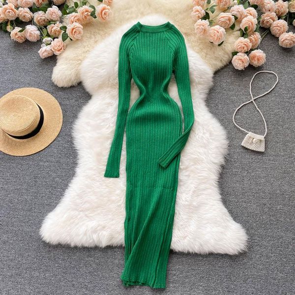 

casual dresses autumn elegant office lady 2021 female temperament o neck waist hips elastic bright silk knitted dress women, Black;gray