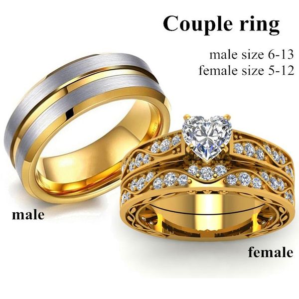 

luxury couple jewelry accessories women's zircon heart ring men's stainless steel for lovers wedding gifts rings, Slivery;golden