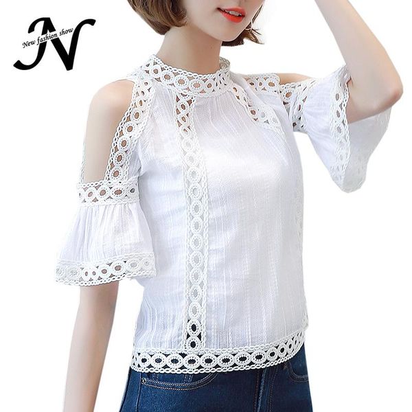 

women's blouses & shirts cold shoulder lace blouse white fashion 2021 hollow out summer korean flare sleeve patchwork crochet shirt wo