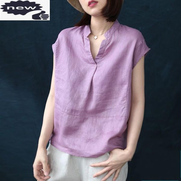 

women's blouses & shirts women shirt summer vintage solid color stand collar loose short sleeve casual linen female blouse simple pullo, White