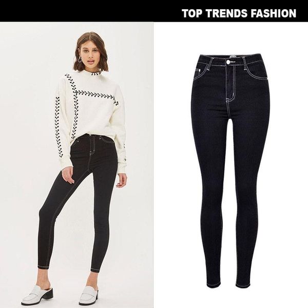 

european and american women's high waist slim slimming gray-black jeans stitching folds buttocks cropped pants 2021, Blue