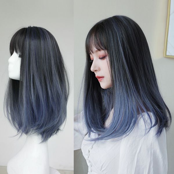 

women's long fog wig blue gradual change net red inside button clavicle fluffy natural straight short hair full headgear, Black