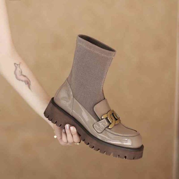 

boots fashion women designer genuine leather platform heels round toe solid fall shoes winter sgwn, Black
