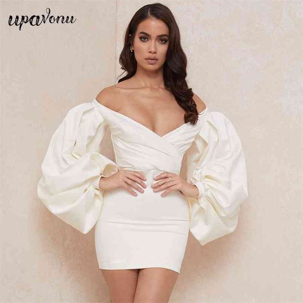 

women satin dress v-neck lantern sleeve bodycon strapless celebrity c club party mini vestidos 210524, Black;gray