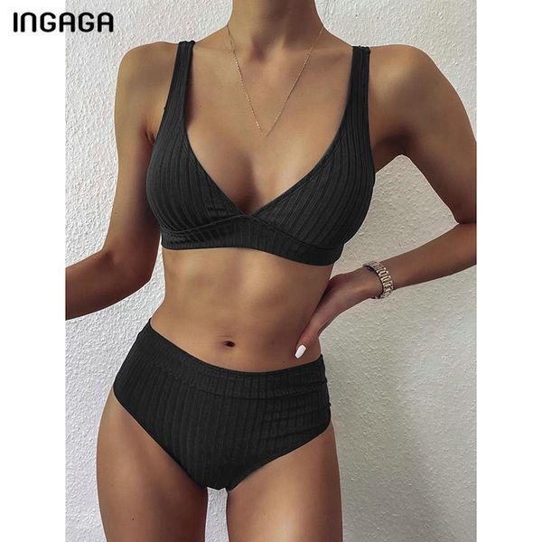 

ingaga bikinis high waist swimwear women's swimsuits push up biquini ribbed bathing suits black v-neck bikini set 2021, White;black
