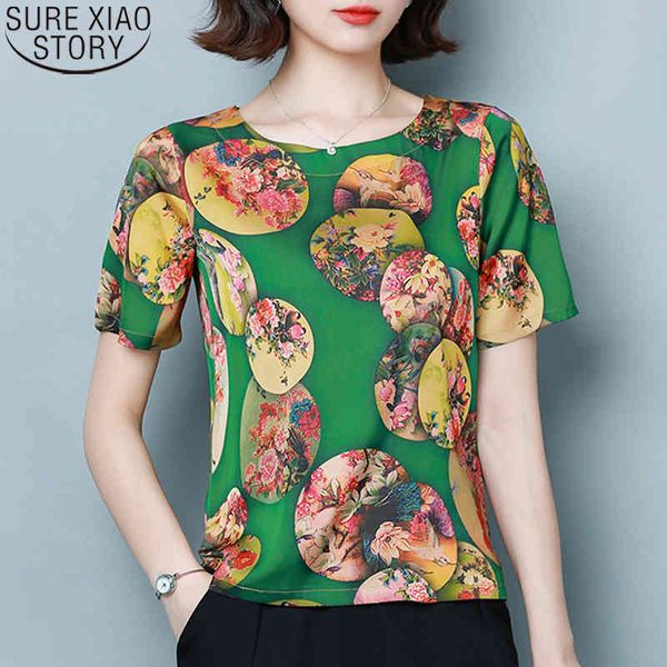 

plus size 4xl floral print vintage blouse women silk shirt summer fashion womens short sleeve loose clothing 9064 50 210417, White
