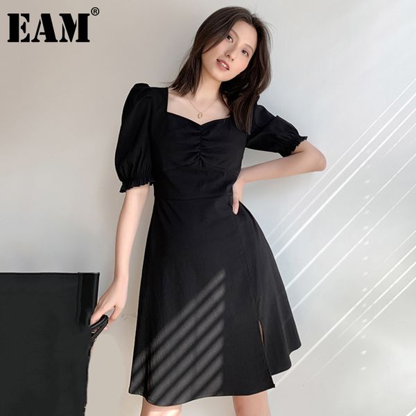 

[eam] women black slit pleated slim casual dress v-neck short sleeve loose fit fashion spring summer 1dd6252 21512, Black;gray
