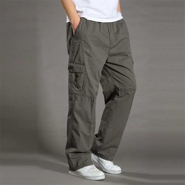 

men's casual trousers cotton overalls elastic waist full len multi-pocket plus fertilizer clothing big size cargo pants 210715, Black