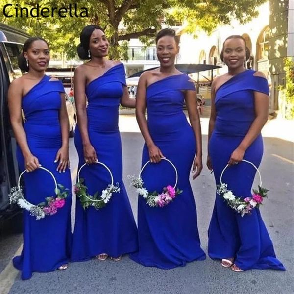 

bridesmaid dress royal blue dresses one shoulder floor length sweep train mermaid silk satin wedding party, White;pink