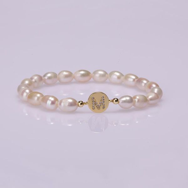 

charm bracelets 5pcs/pack boho natural freshwater pearl beaded copper micro-inlaid zircon 26 alphabet letter name cz bracelet gift, Golden;silver