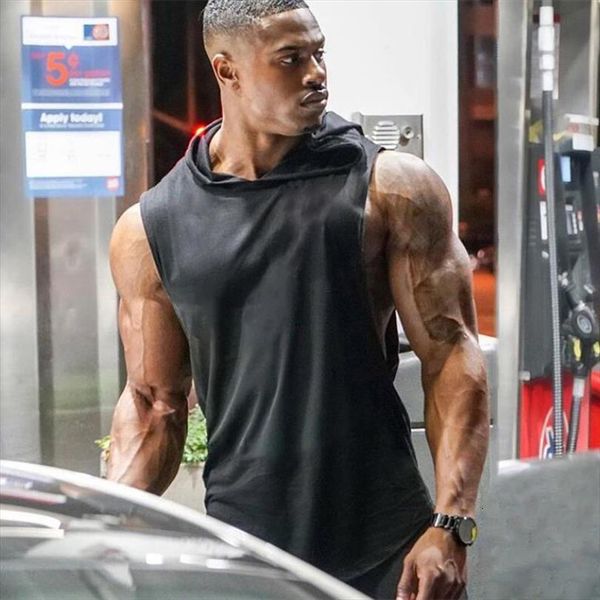

workout hooded tank bodybuilding gym vest mens fitness sport singlets clothing brand fashion cotton sleeveless shirts, White;black