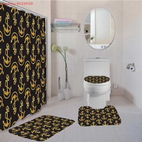 

nautical anchor bath curtain set compass ripple print 180x180cm shower toilet lid cover anti slip rug mats accessory
