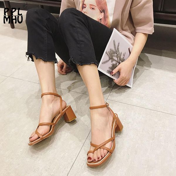 

brown square head womens shoes comfort peep toe buckle hollowed out non-slip sandals heels plus size 34-42, Black
