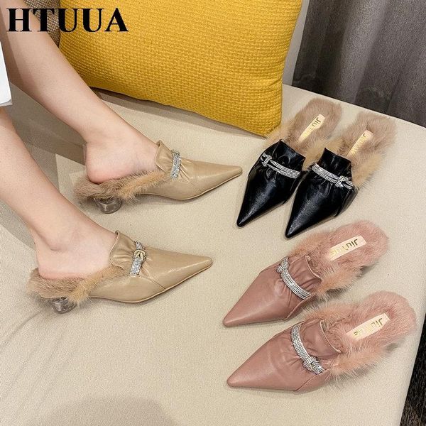 

autumn winter transparent heel mules shoes women fluffy fur slippers female plush furry slides women's sx4330, Black