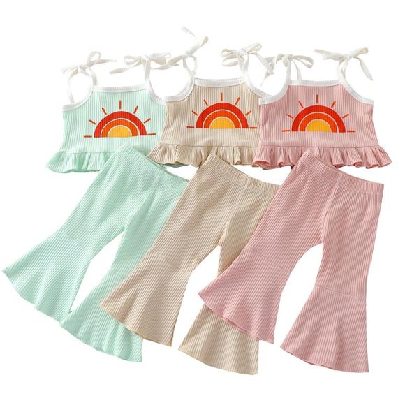 

clothing sets toddler little girls outfit sweet style sun printing flouncing sleeveless suspender solid pants set 0-4years, White